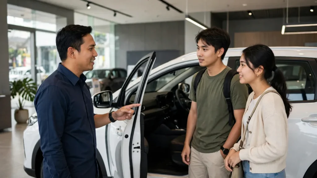 Website dealer mobil dengan sales menjelaskan unit di showroom