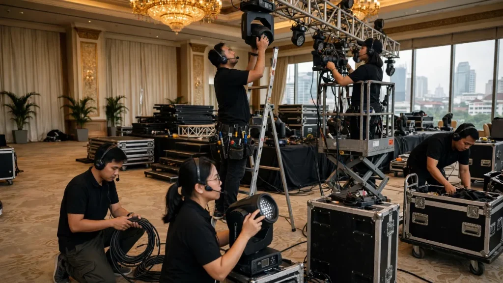 Kru event organizer menyiapkan panggung acara gathering perusahaan