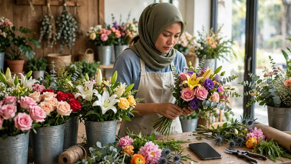 Florist merangkai buket bunga pesanan dari website florist