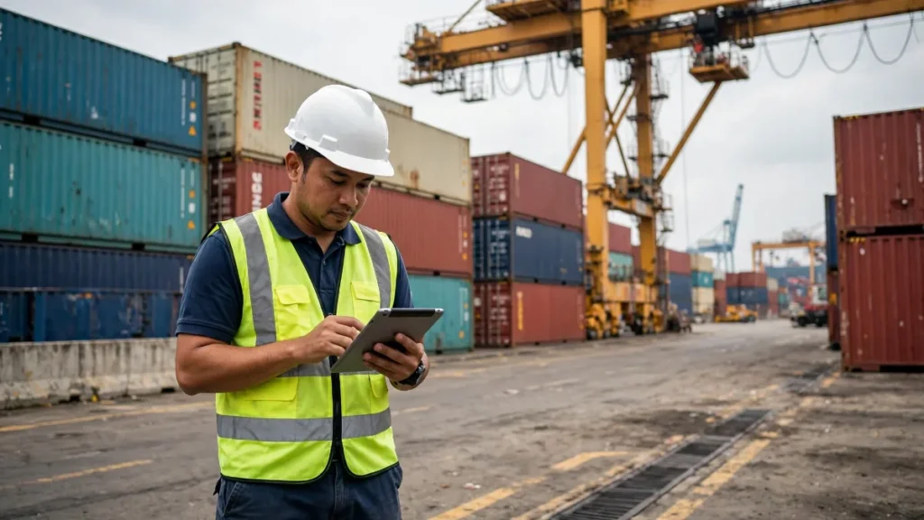 Website freight forwarder dengan staf memeriksa kontainer di pelabuhan