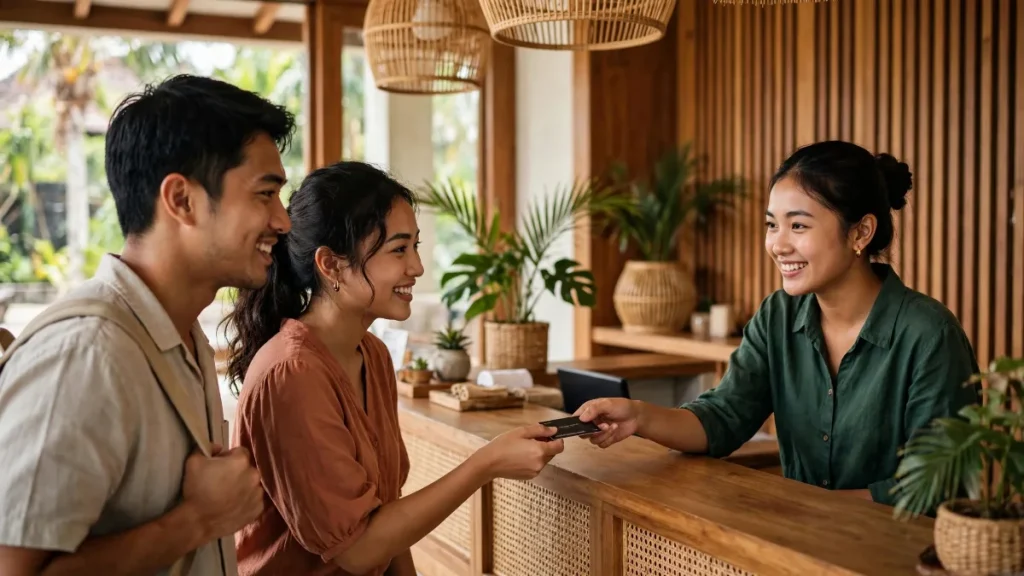 Tamu check-in di resepsionis hotel butik setelah booking lewat website hotel
