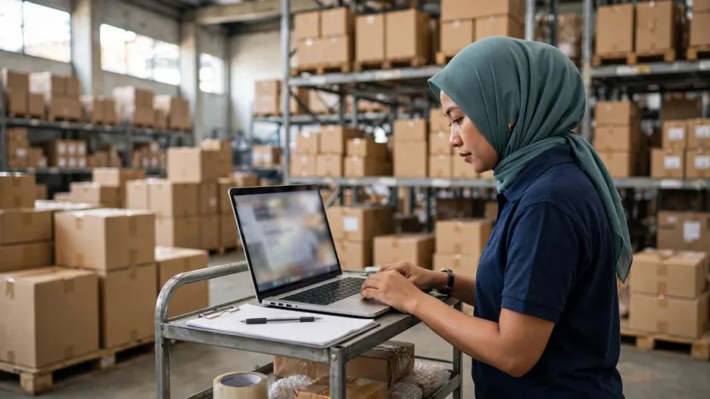 Staf distributor memeriksa website katalog produk di gudang