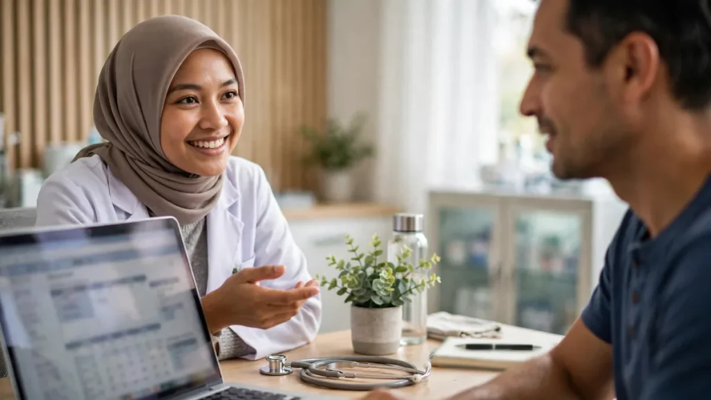 Dokter menunjukkan website klinik dengan jadwal praktik