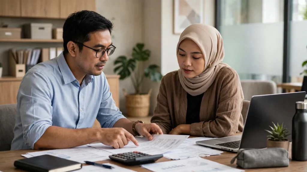 Website konsultan pajak dengan konsultan meninjau laporan keuangan klien