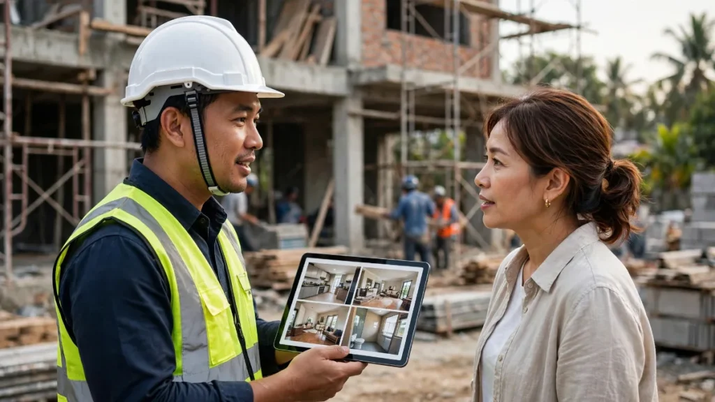 Kontraktor menunjukkan portofolio proyek di website kontraktor kepada pemilik rumah