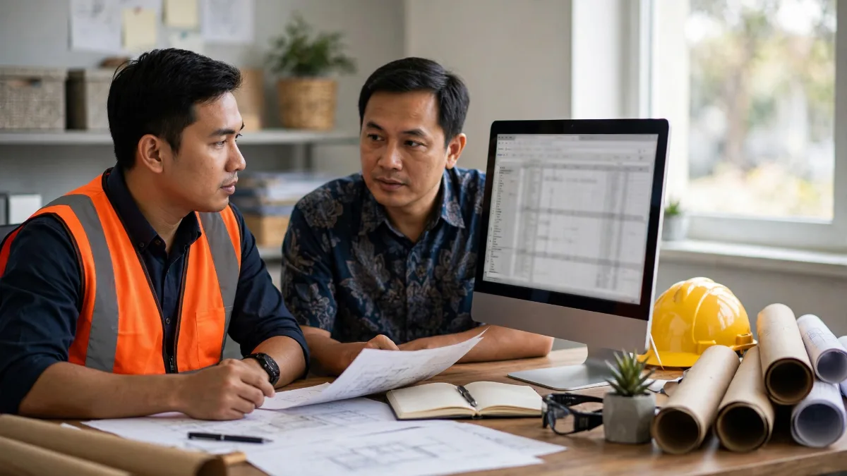 Insinyur kontraktor membahas desain dan RAB dengan klien