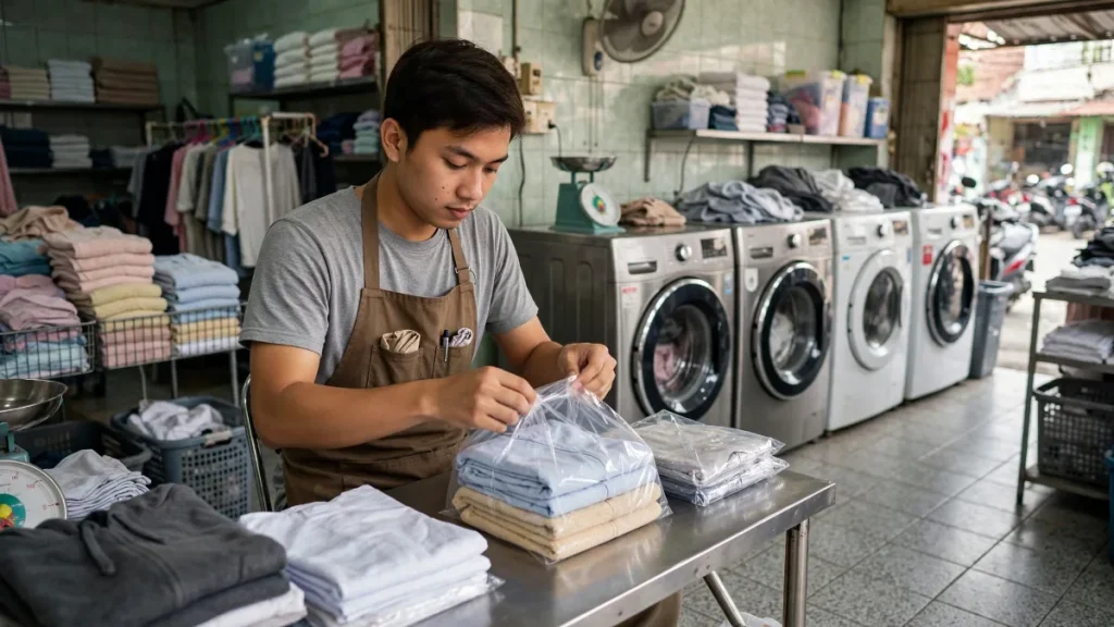 Website laundry untuk outlet kiloan dengan staf melipat pakaian
