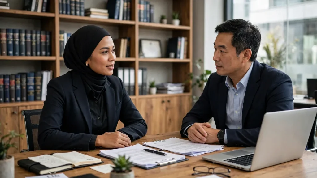 Advokat berkonsultasi dengan klien di kantor law firm - website law firm