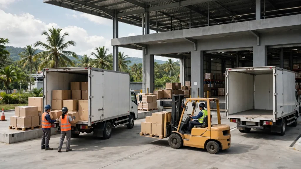 Gudang dan armada truk perusahaan logistik - website logistik