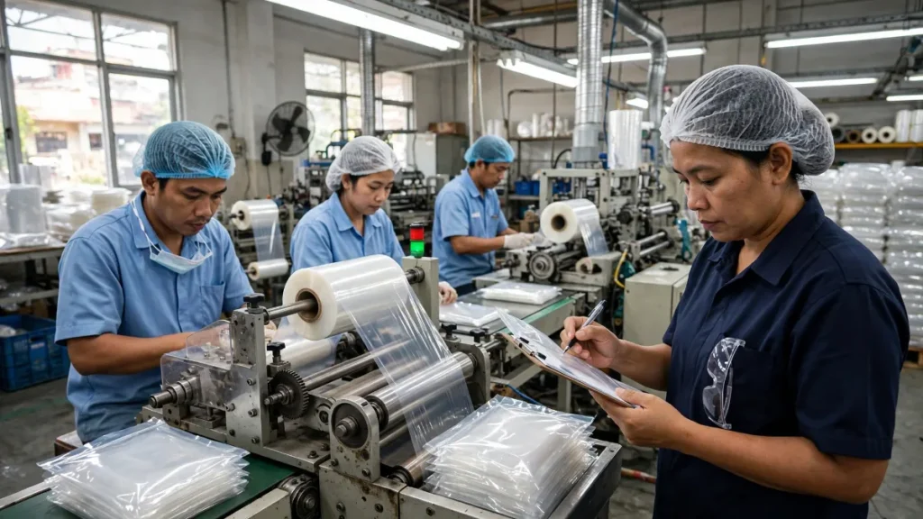 Lini produksi pabrik kemasan, materi foto untuk website pabrik Tangerang