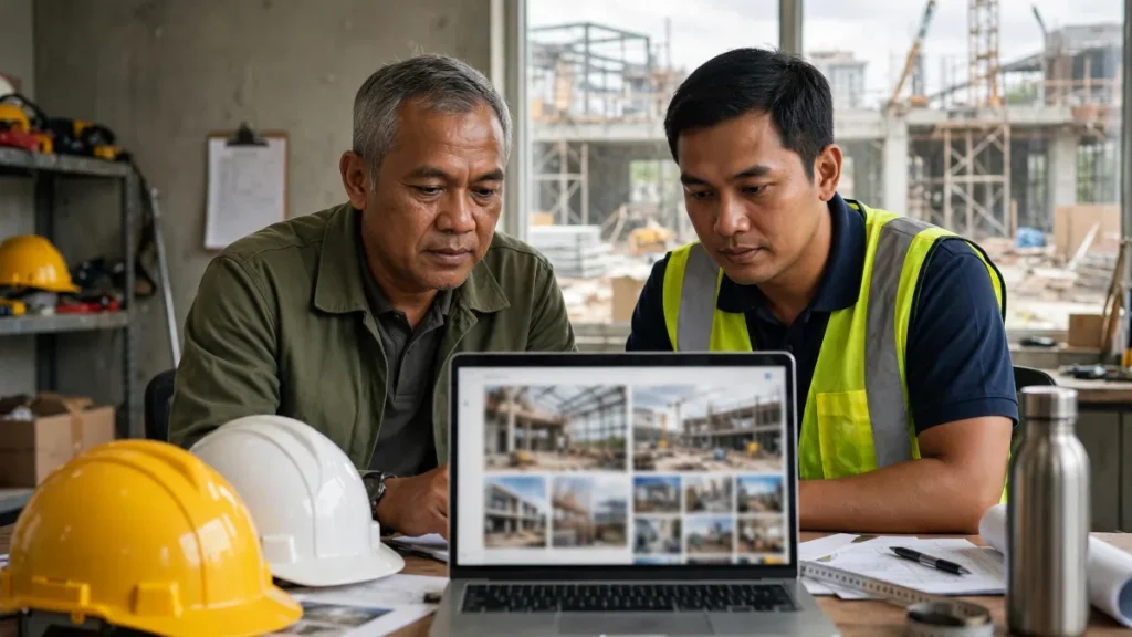 Direktur kontraktor meninjau website perusahaan Cibinong di lokasi proyek