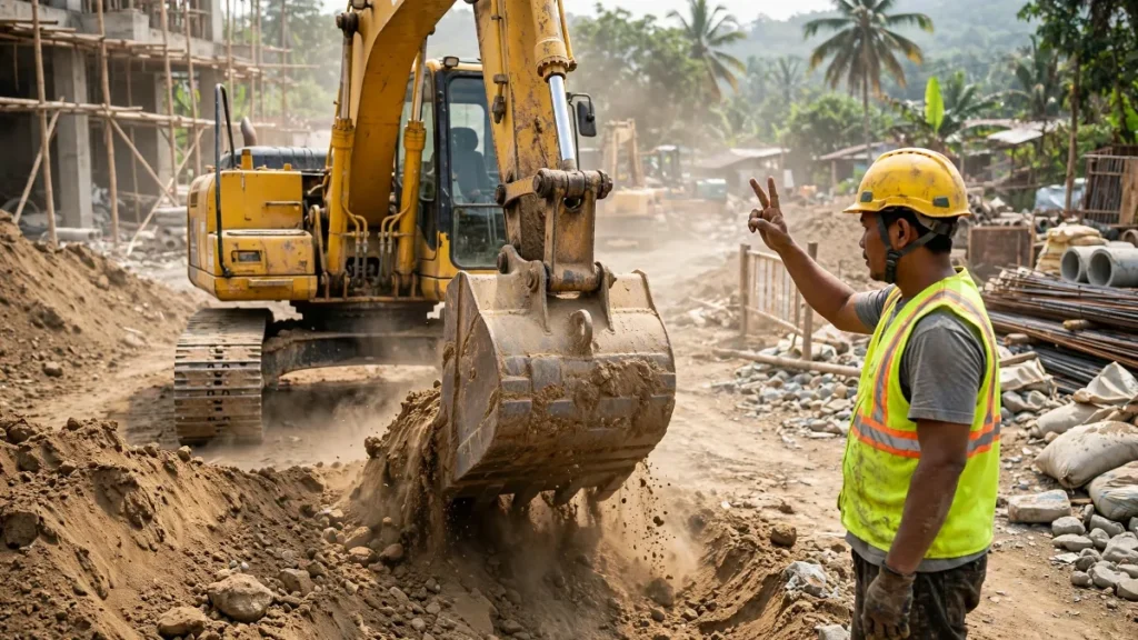Website rental alat berat dengan excavator bekerja di proyek konstruksi