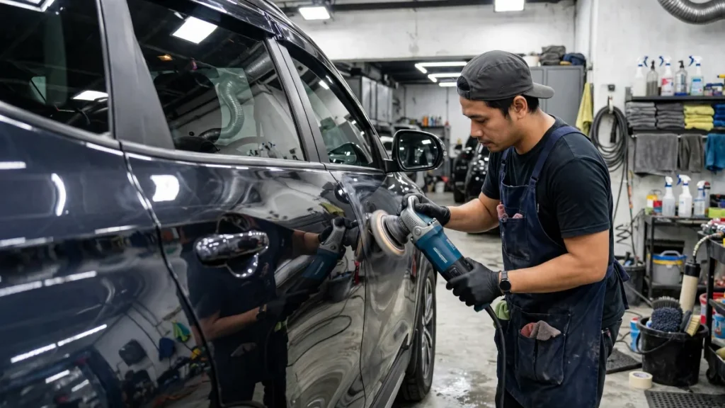 Teknisi salon mobil memoles bodi SUV dengan mesin poles