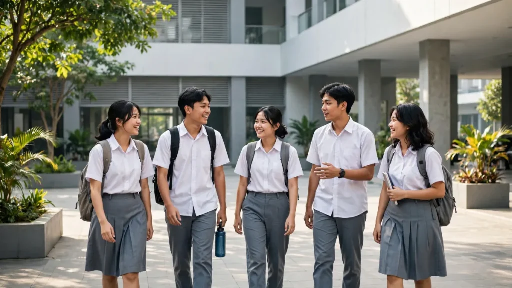 Siswa SMA di halaman sekolah, ilustrasi profil di website sekolah