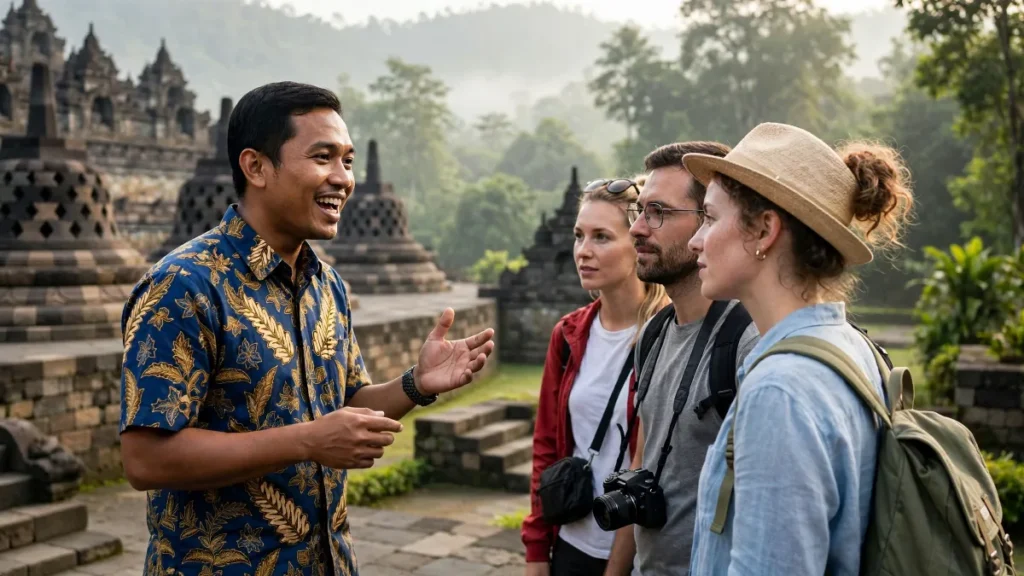 Website tour guide dengan pemandu menjelaskan sejarah Borobudur kepada wisatawan