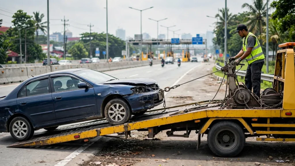 Website towing: truk derek flatbed mengangkut mobil mogok di bahu jalan tol