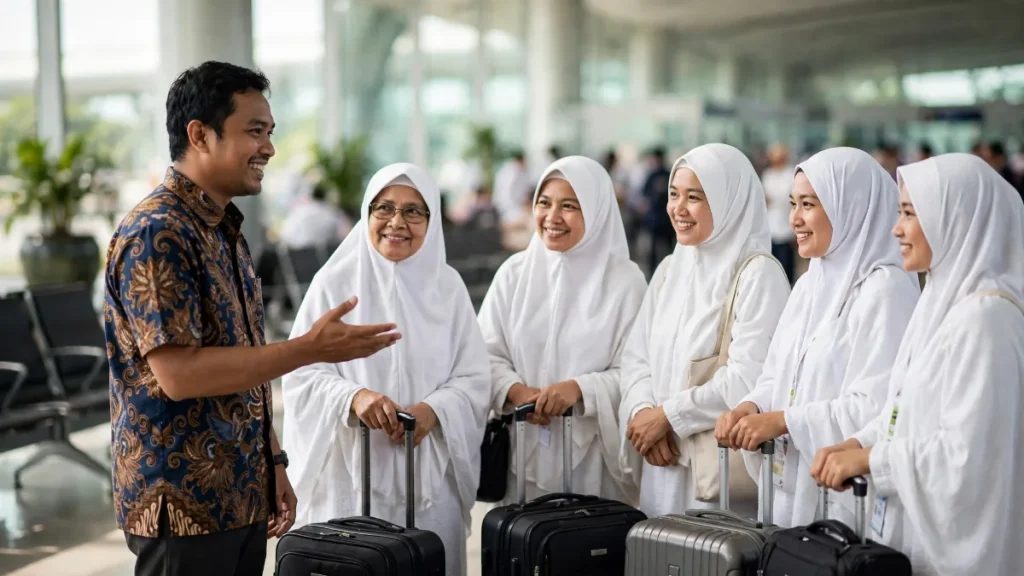Rombongan jamaah umroh di bandara bersama pembimbing travel