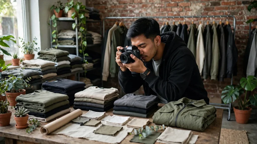 Pemilik brand streetwear di Bandung memotret produk untuk website UMKM Bandung