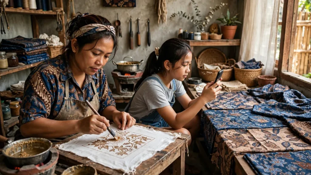 Pengrajin batik di Jogja memotret produk untuk website UMKM Jogja