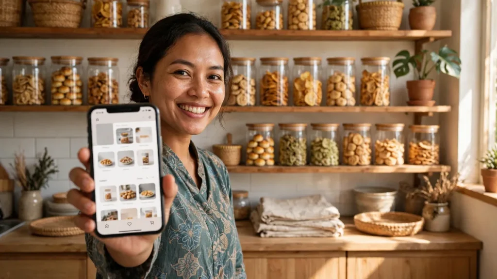Pemilik UMKM camilan menunjukkan website UMKM di ponsel