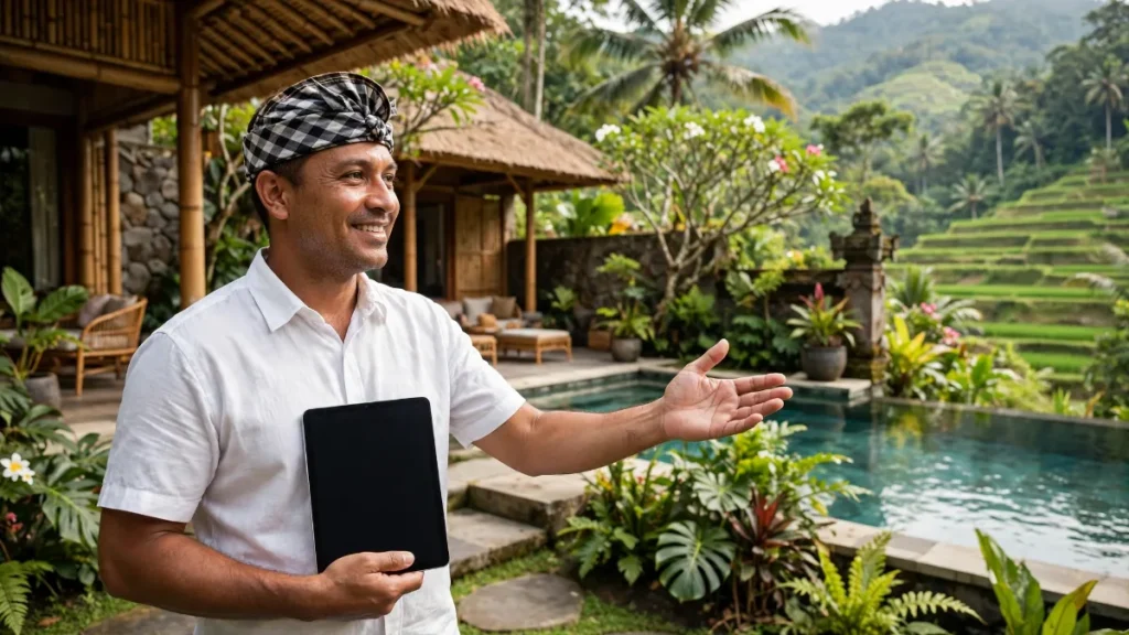 Manajer villa di Ubud menyambut tamu, contoh konten website villa Bali