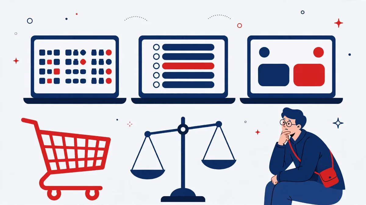 Ilustrasi WordPress vs Shopify vs Wix untuk toko online
